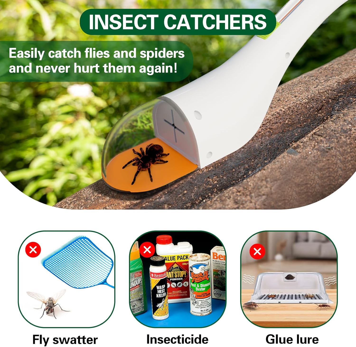 Fly Spider Catcher, Handheld Spider Catcher Long Handle, Bug Catcher for Kids, Bug Catcher with Magnifierfor, Fly Catching Tool for Children to Observe and Quick Release Insects (Green)